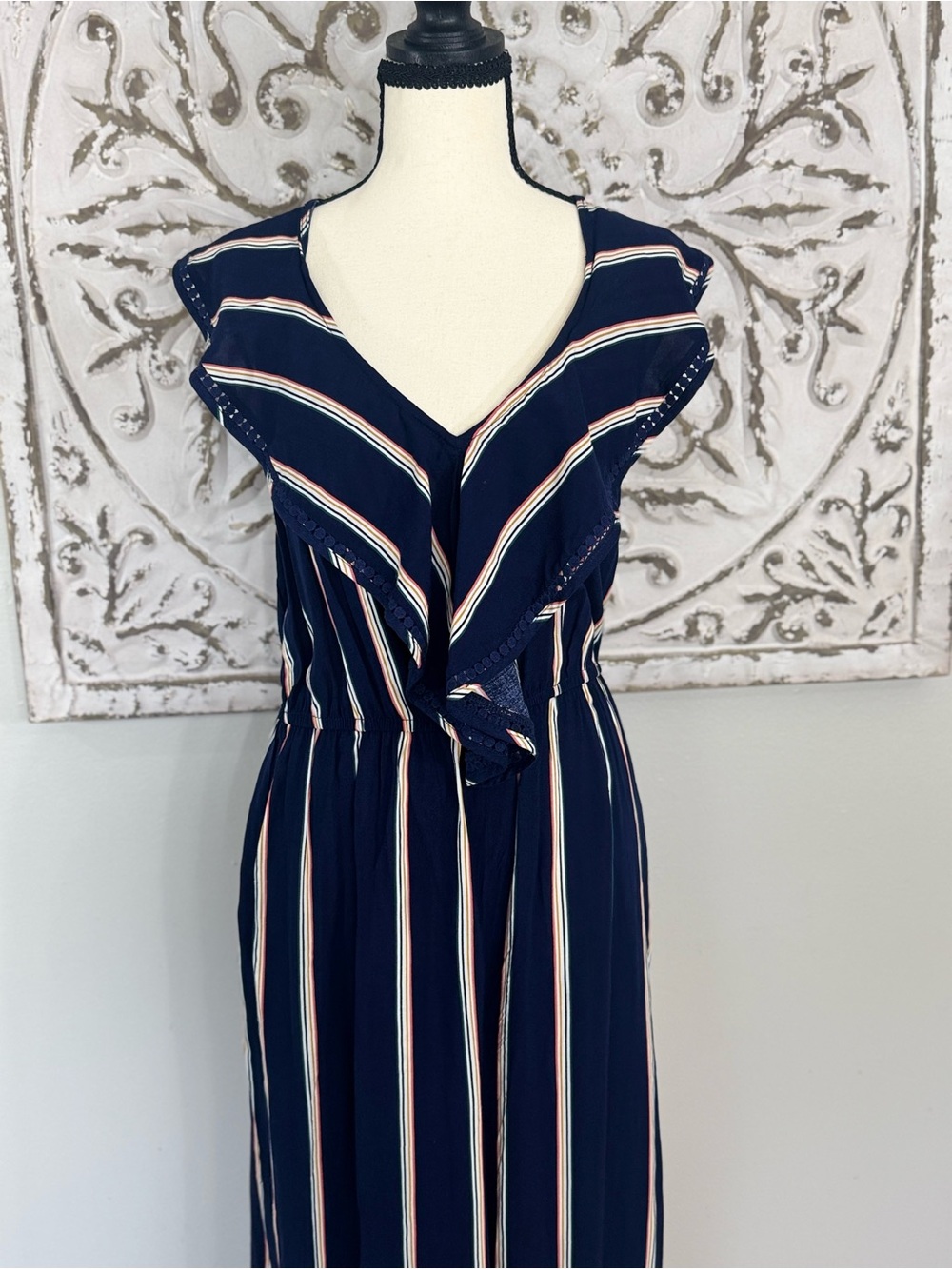 Xhilaration Navy Striped Midi Dress with Ruffle V-Neck